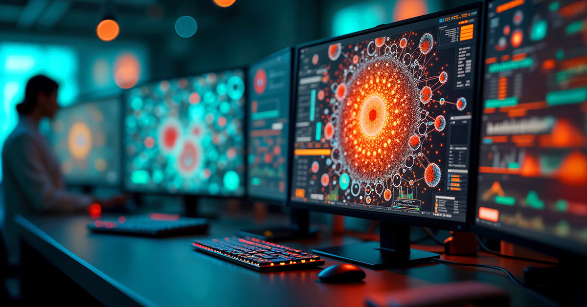 Scientists work in tech lab using computers with complex data visualizations of molecules. AI algorithms speed up drug development. Screens show interactive models of molecules, data charts. Tech, AI in pharma - illustrative image