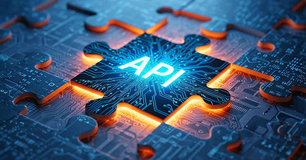 Glowing api puzzle piece connects to circuit board technology co IT systems integration methods concept - API