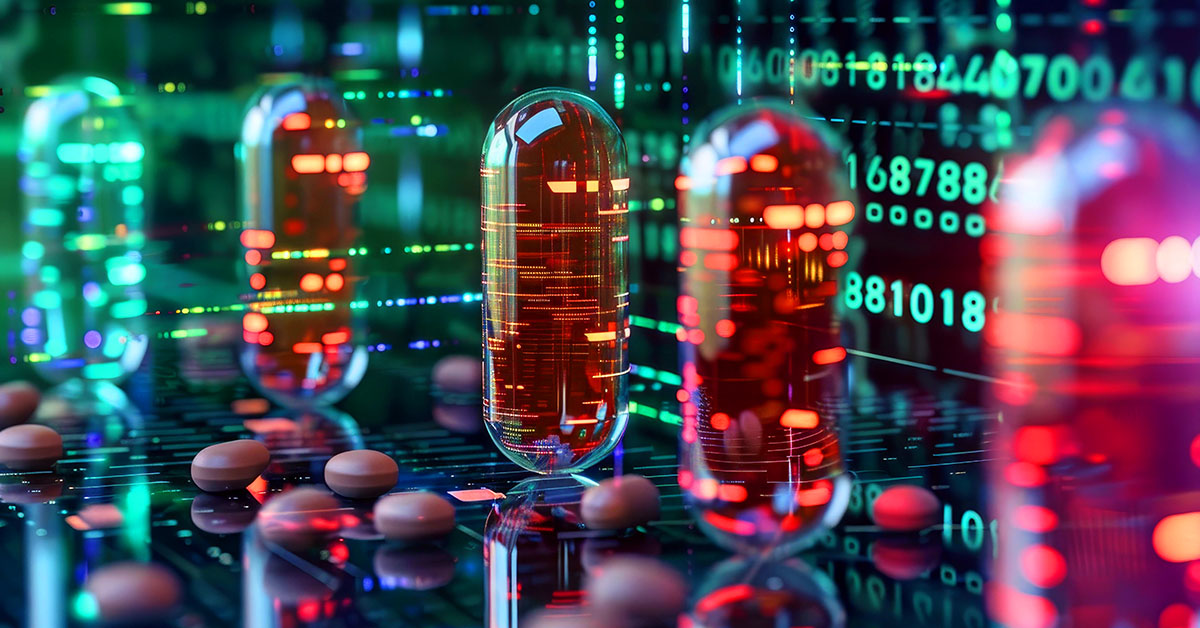Conceptual image of pills and capsule with digital binary code representing pharmaceutical technology