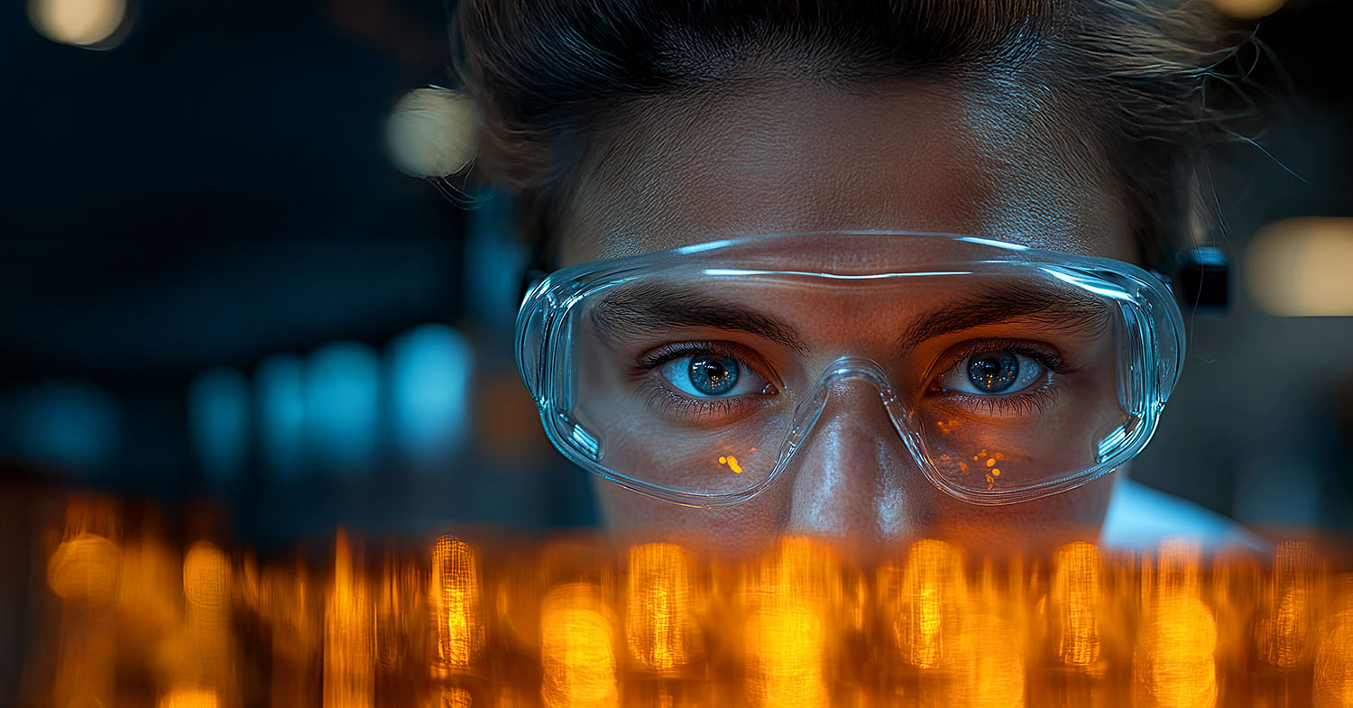 Quality control specialist examining glass vials for defects usi