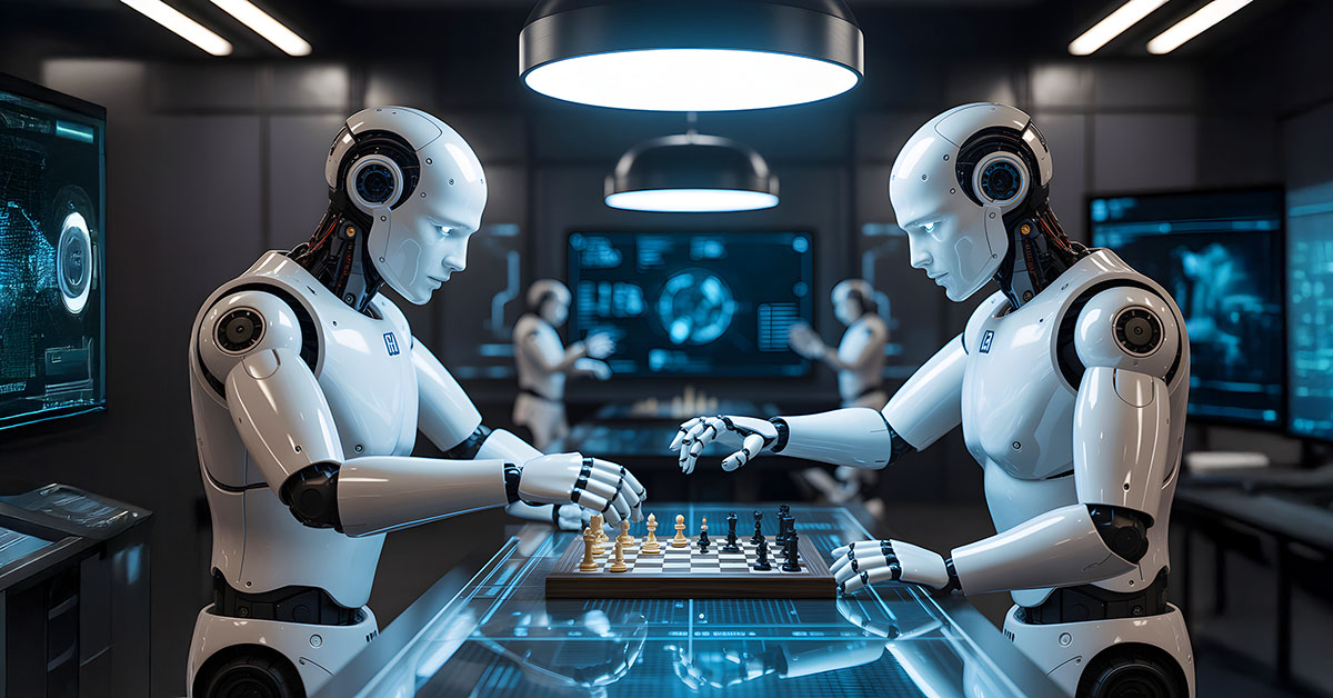 Two advanced robots are engaged in a strategic chess match, show