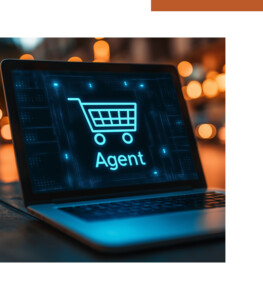 A commerce AI Agent represented by a shopping cart for autonomous retail purchases made by a virtual assistant online using teamwork for a workforce partnership. Agentic Commerce, Agentic Payment