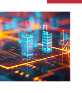 Futuristic digital electricity grid diagram design with glowing skyscraper-like structures and data lines. Technology innovation, artificial intelligence, smart city, cybersecurity. B2B Commerce Architecture